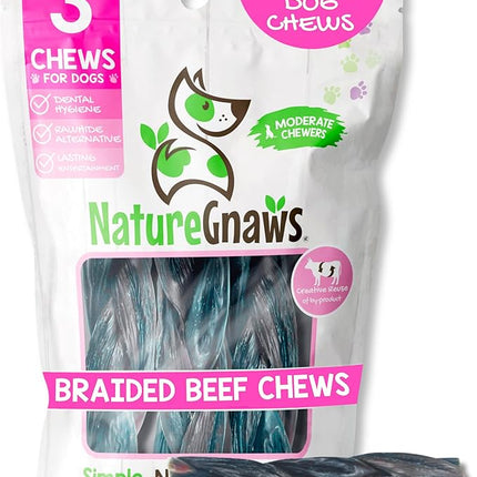 Nature Gnaws Braided Beef Chews for Dogs 5-6" (3 Count) - Long Lasting for Small and Medium Dogs - Natural Beef Gullet Jerky Dog Chew Treats