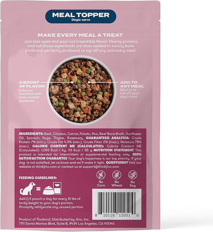 Jinx Beef Wet Dog Food Pouches, Meal or Dog Food Topper Mix-in, Made with Real Beef & Chicken, Bone Broth & Brown Rice, No Fillers, Puppy, Adult, Senior, 3oz, 8 Pack