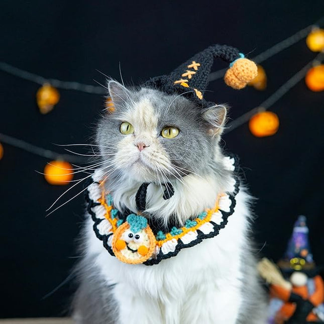 Halloween Dog Costume – Handmade Black Witch Hat & Cute Pumpkin Bandana, Adjustable Cat Outfit for Cats & Small Dogs, Lightweight & Breathable, Festive Pet Accessories