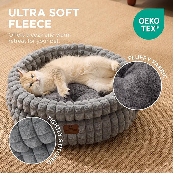 Joydeco Grey Cat Bed Kitten Bed, Washable Round Cat Beds for Indoor Cats, Ultra Soft Plush Pet Bed for Puppy and Kitten with Anti-Slip, Small