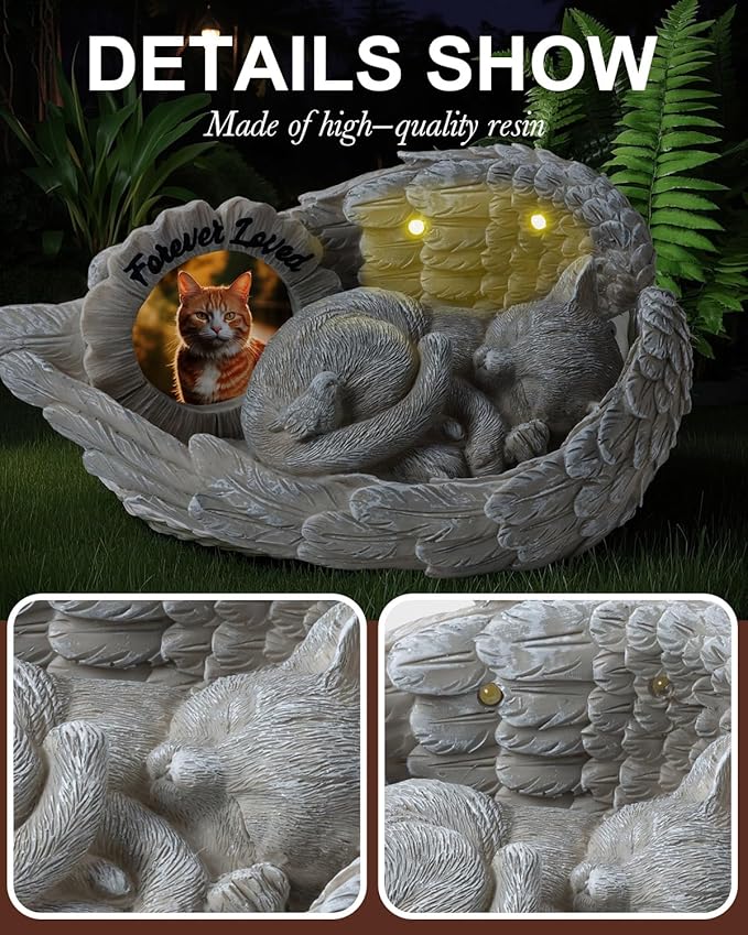 Cat Memorial Gift, Angel Memorial Cat Statue with Photo Frame, Forever My Guardian Angel Garden Solar Light Cats for Pet Memorial Stone