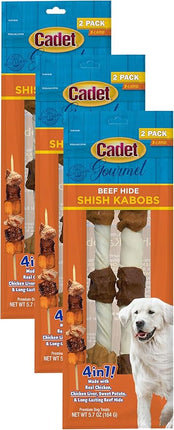 Cadet Gourmet X-Large Triple-Flavored Beef Hide Shish Kabob Dog Treats - Healthy & Natural Chicken, Liver, & Sweet Potato Dog Treats for Dogs Over 30 lbs., 10 in. (2 Count) (Pack of 3)
