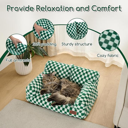 Hollypet Fluffy Plush Pet Cat Couch Soft Calming Pet Sofa Beds for Medium Small Cats and Dogs, Forest Green and White