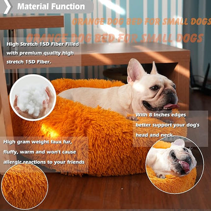 Calming Dog Bed - 23 Inch Orange Anti-Anxiety Donut Bed for Small & Medium Dogs, Washable & Fits up to 25 lbs