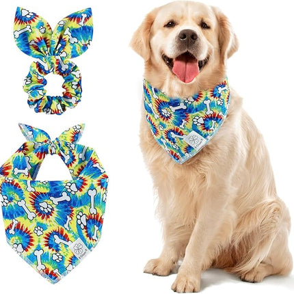E-Clover Dog Bandanas Boy & Matching Scrunchie Set Girl Cute Rainbow Dog Scarf Bibs Pet Bandana with Bow Tie for Medium Large Dogs Owner Mom Pride