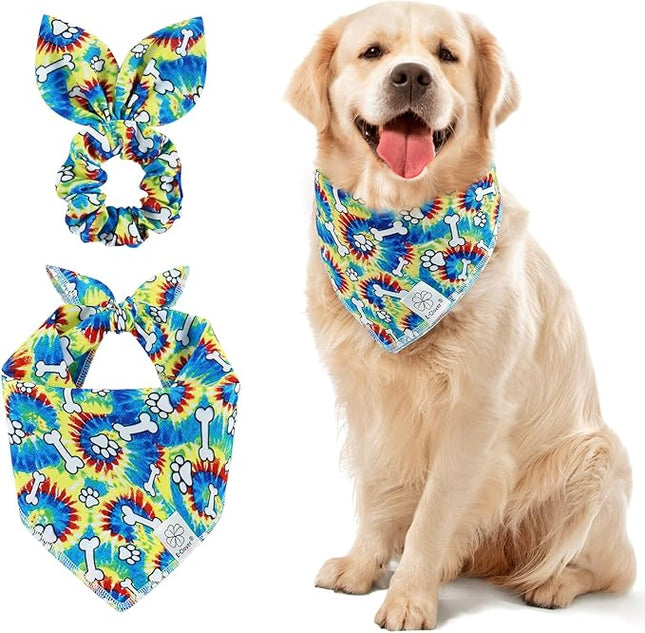 E-Clover Dog Bandanas Boy & Matching Scrunchie Set Girl Cute Rainbow Dog Scarf Bibs Pet Bandana with Bow Tie for Medium Large Dogs Owner Mom Pride