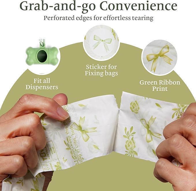 Compostable Dog Poop Bags – Lavender Scented, 120 Count | Leak-Proof, Extra Thick, Earth-Friendly | Elegant White with Green Ribbon Print | Fits Standard Dispensers by The Gardener’s Daughter