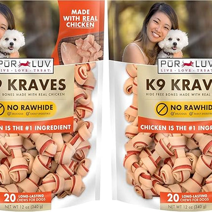Pur Luv K9 Kraves Rawhide Free Bone Dog Treats, Chicken Flavor, Made with Real Chicken and Limited Ingredients, Healthy, Easily Digestible, Long Lasting, and High Protein Dog Treat, 20 Count