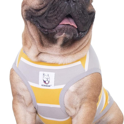 iChoue English Bulldog T Shirts 100% Cotton Striped Clothes for Medium Dogs Tank Tops Vest Large French Frenchie Pug Boston Terrier Pitbull Summer Yellow Stripes - XL