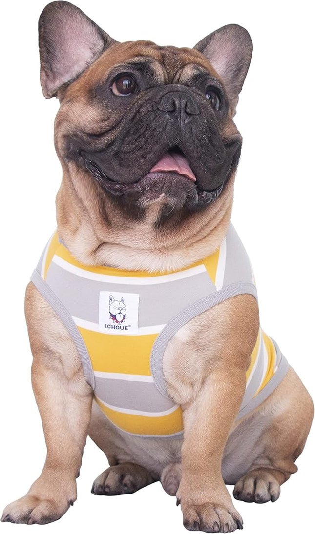 iChoue English Bulldog T Shirts 100% Cotton Striped Clothes for Medium Dogs Tank Tops Vest Large French Frenchie Pug Boston Terrier Pitbull Summer Yellow Stripes - XL