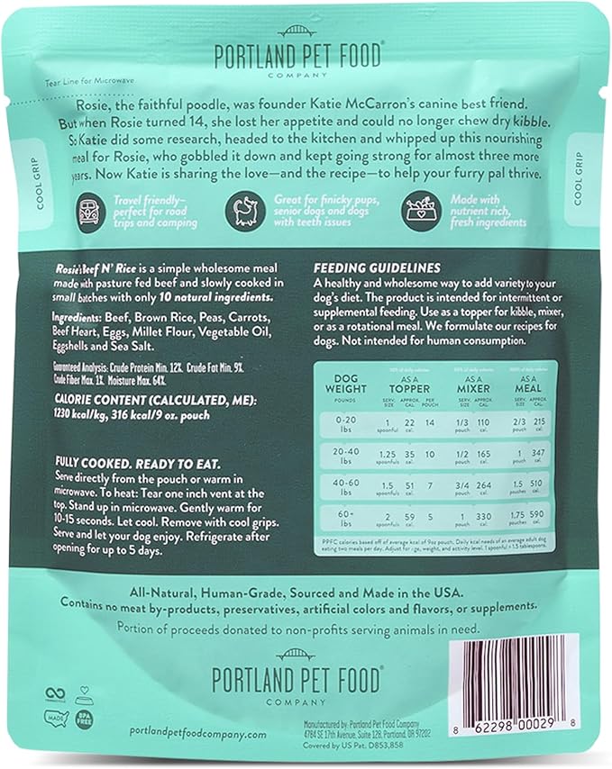 Portland Pet Food Company Salmon & Beef Fresh Dog Food Pouches - Human-Grade, Gluten-Free Wet Pet Meal Topper & Mix-Ins - Small & Large Breed Puppy & Senior Dogs - Made in The USA - 8 Pack