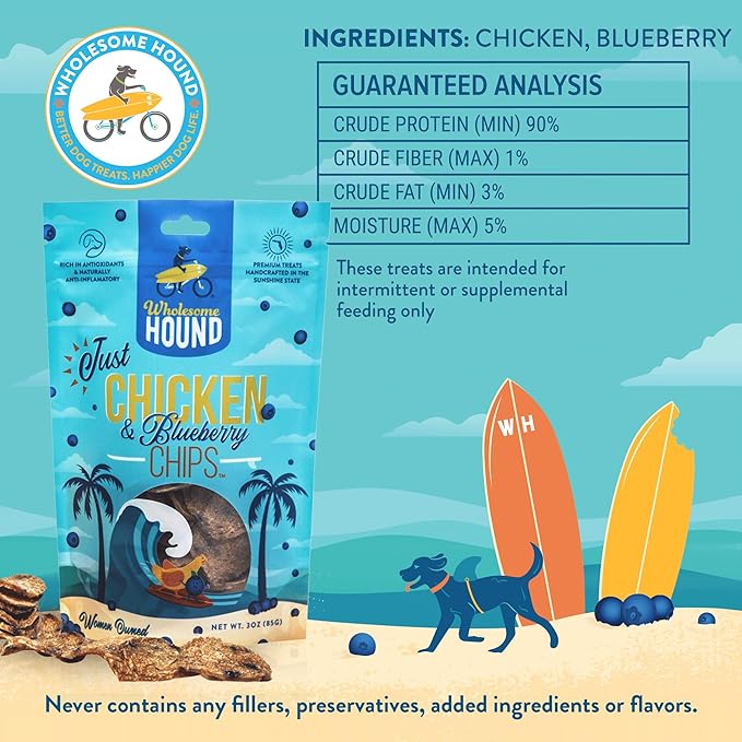 Chicken & Blueberry Chips – 2 Simple Ingredient Dog Treats, All Natural & Healthy Training Snacks for Small, Medium & Large Breeds, Puppies – High Protein, Made in USA 3oz