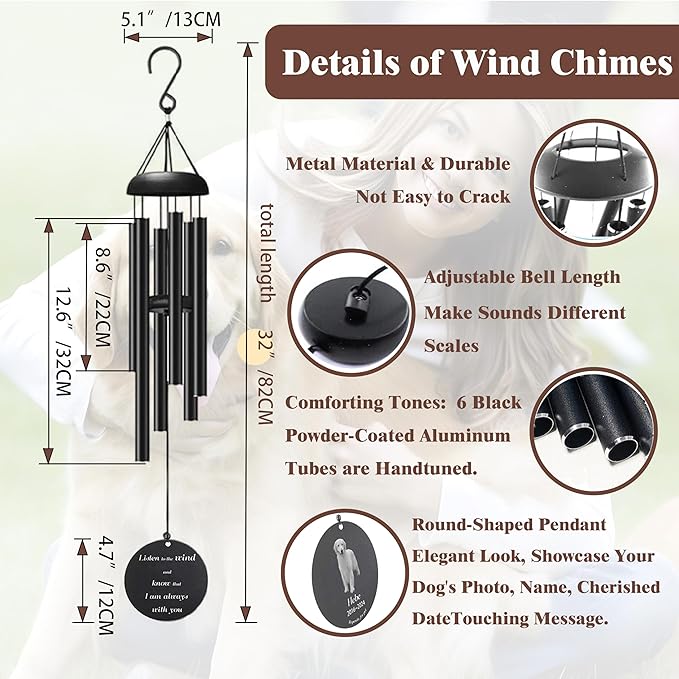 Personalized Dog Memorial 32" Wind Chimes for Outside - Sympathy Gift with Custom Photos for Loss Pet - Adjustable Mute Sound Memorial Gifts for Loss of Dog Laser Engraving,Not Easy to Fade
