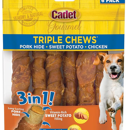 Cadet Gourmet Triple Chews Long-Lasting Pork Hide Sticks with Sweet Potato and Chicken, Healthy Dog Treats for Small & Large Dogs, 6 Count