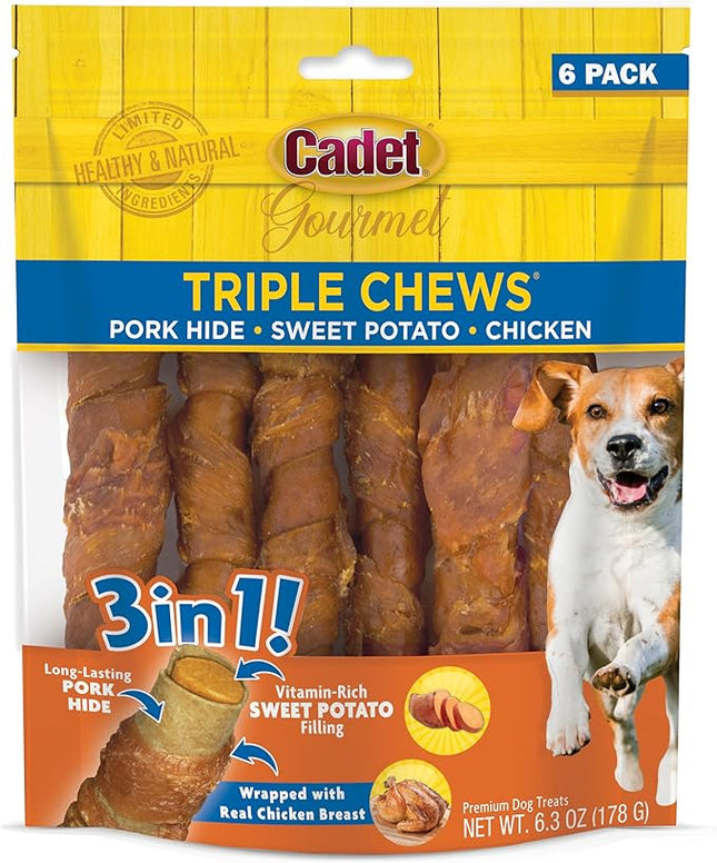 Cadet Gourmet Triple Chews Long-Lasting Pork Hide Sticks with Sweet Potato and Chicken, Healthy Dog Treats for Small & Large Dogs, 6 Count