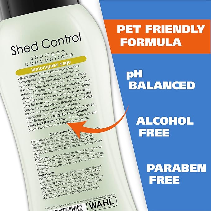 Wahl USA Shed Control Pet Shampoo for Dog Shedding & Dander – Lemongrass & Sage Scent - Contains Oatmeal, & Aloe for Healthy Coats & Moisturized Skin – 24 Oz - Model 820005A