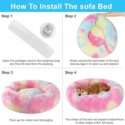 Dog Calming Beds for Small Medium Large Dogs - Round Donut Washable Puppy Dog Bed, Anti-Slip Faux Fur Fluffy Donut Cuddle Anxiety Cat Pet Bed(24'' Color)