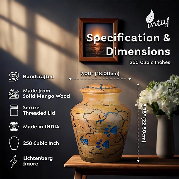 INTAJ Wooden Pet Urns for Dogs/Cats Ashes - Blue Resin Paws & Lichtenburg Design - Keepsake Cremation Urn Box, Pet Memorial Wooden Urns for Ashes, Small to Large Sizes (Classic, Large)