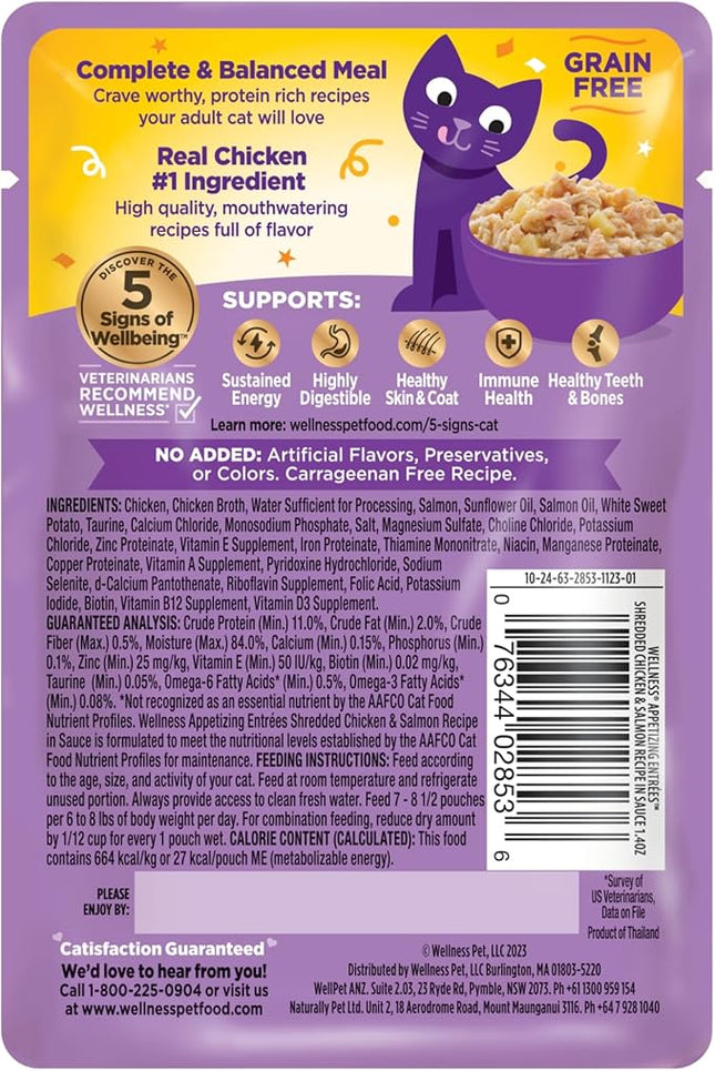 Wellness Appetizing Entrées Shredded Adult Wet Cat Food, Natural, Protein-Rich, Grain Free, 1.4 Ounce Pouch, 8 Pack (Chicken & Salmon Recipe)