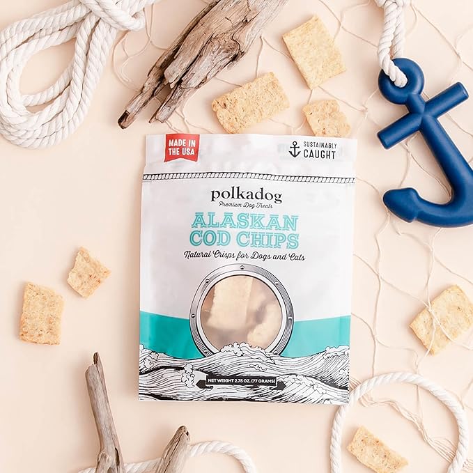 Polkadog Crunchy Alaskan Cod Chips – Single Ingredient Dog Treats, 100% Wild-Caught Cod from Alaska – High-Protein, Omega-3 Rich, Grain-Free, All Natural Snacks – Handcrafted in USA - 2.75 oz