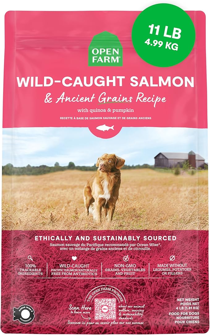 Open Farm, Ancient Grains Dry Dog Food, Protein-Rich & Nutrient Dense, 90% Animal Protein Mixed with Non-GMO Fruits, Veggies and Superfoods, Wild Caugh Salmon Recipe, 11lb Bag