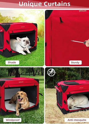 Pettycare 36 Inch Collapsible Dog Crate with Curtains Travel Dog Crate for Airflow and Calm Soft Pet Kennel with Portable Bag and More Chew Proof Mesh Indoor & Outdoor Red 4 Door Curtains