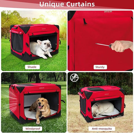 Pettycare 36 Inch Collapsible Dog Crate with Curtains Travel Dog Crate for Airflow and Calm Soft Pet Kennel with Portable Bag and More Chew Proof Mesh Indoor & Outdoor Red 4 Door Curtains