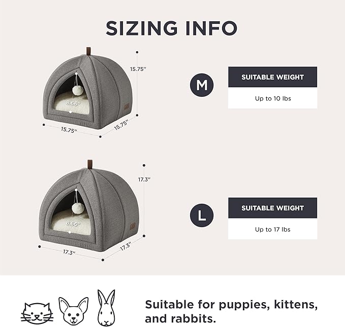 Bedsure Cat Beds for Indoor - 2 in 1 Cat Cave House Tent for Kittens and Small Pets with Removable Washable Cushioned Pillow, Foldable Kitten Hideaway with Non-Slip Bottom, Grey, 17.3 inches
