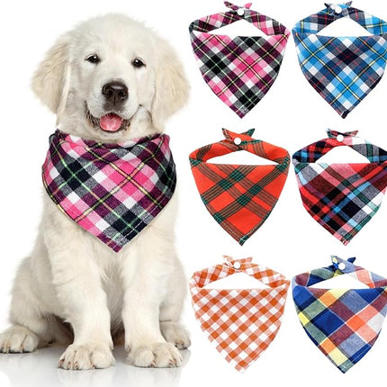 Honoson 6 Pieces Triangle Dog Bandana Dog Scarf Plaid Printing Adjustable Bibs Scarf Washable Square Kerchief Bandana Set for Small to Medium Puppy Cat(16.1 Inch,Green and Orange Button Style)