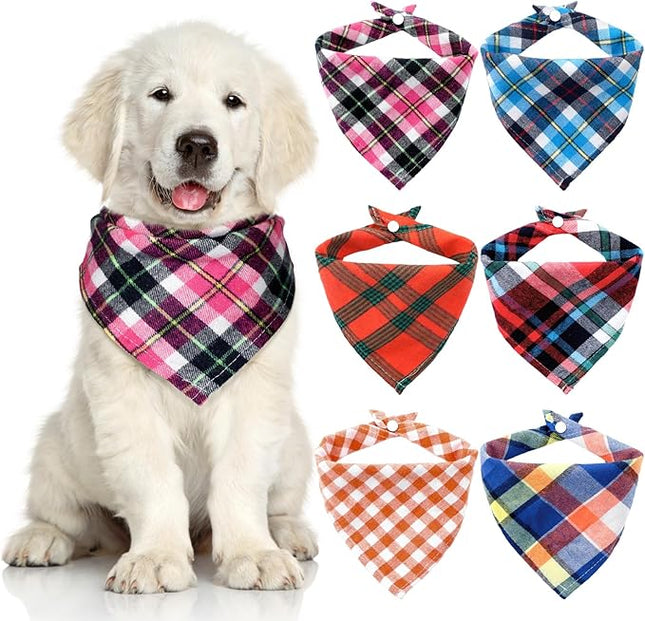 Honoson 6 Pieces Triangle Dog Bandana Dog Scarf Plaid Printing Adjustable Bibs Scarf Washable Square Kerchief Bandana Set for Small to Medium Puppy Cat(16.1 Inch,Green and Orange Button Style)