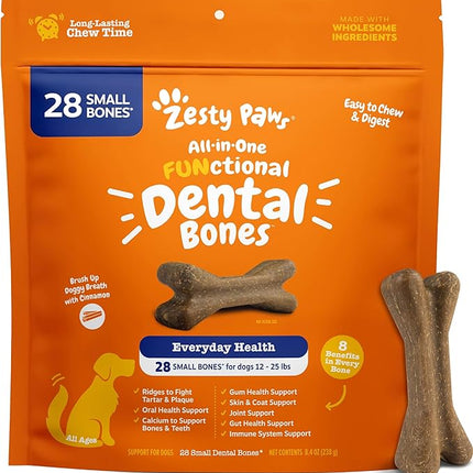 Zesty Paws Dental Bones - Fights Tartar & Plaque - Gum, Teeth & Bone Health - Cinnamon for Dog Breath - Immune, Joint, Gut, Skin & Coat Support - Omega 3 EPA & DHA and Calcium - Small Dogs - 28 ct