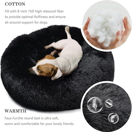 Dog Beds for Medium Dogs 30 Inches Black Fluffy and Soft Dog Bed Faux Fur Round Medium Sized Pet Bed for Dog