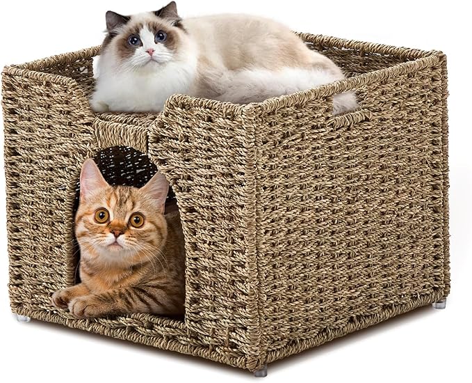 Cat Houses for Indoor Cats, Handwoven Natural Seagrass Cat Cave Pet Cube,Foldable Pet Cat House, Cat Beds with Double-Sided Mat, Hideaway, in Living Room Bedroom
