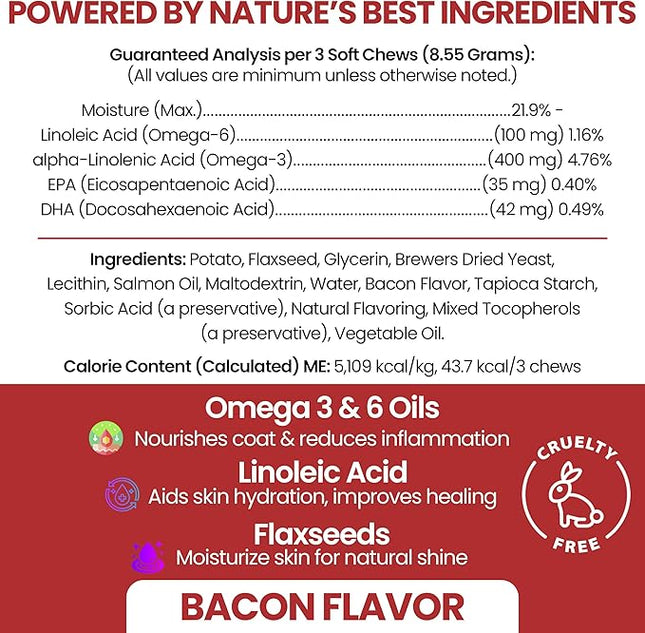 Omega for Dogs - 180 Delicious Soft Chews - Salmon Oil Treats for Skin and Coat, Itch Relief - Fish Oil Blend of Essential Fatty Acids, Omega 3, 6, and 9, and Vitamins - Smoked Bacon Flavor