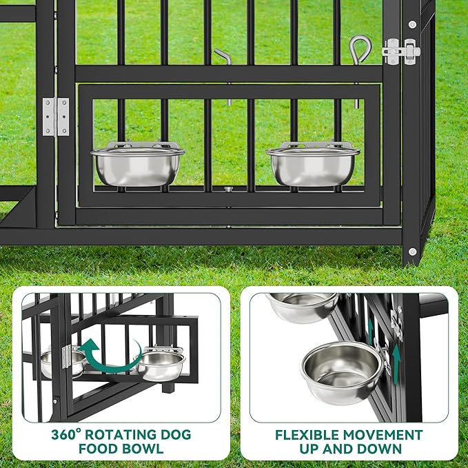 YITAHOME Outdoor Dog Enclosure with Rotating Feeder Bowls, 4'L x 4'W x 5'H Outside Dog Kennel with Roof, Heavy Duty Dog Cage for Small Medium Dogs