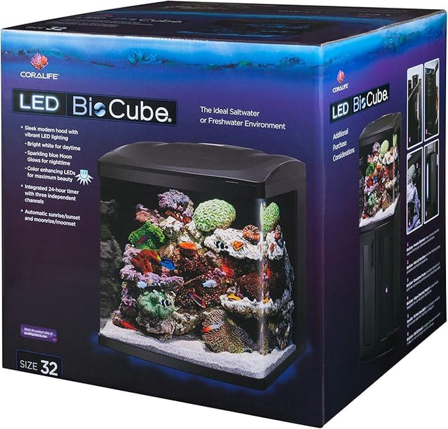 Coralife BioCube, Aquarium Kit, Integrated 24-hour Timer, Customizable LED Lighting, for Saltwater and Freshwater Environments, 32 Gallon