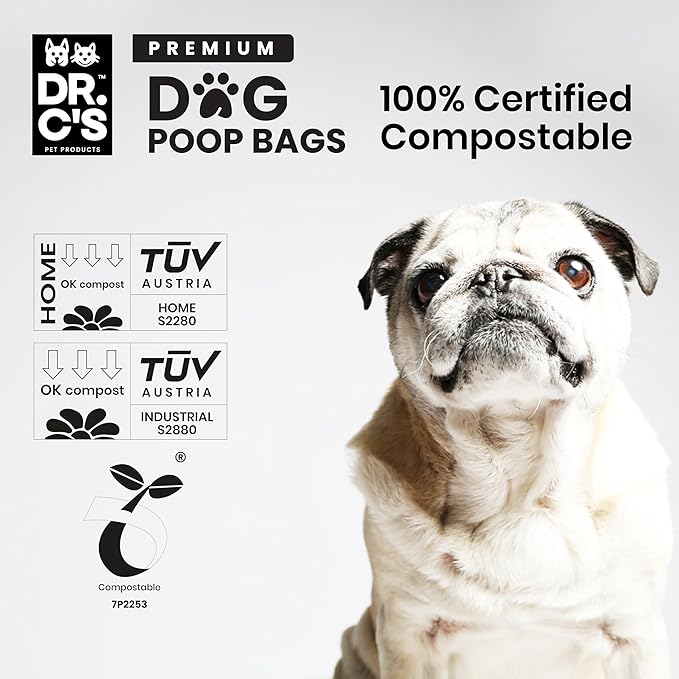 100% Certified Compostable Dog Poop Bags - Dr. C's Premium Dog Poop Bags - 270 Bags / 18 Rolls, Extra thick, Leak Proof, Unscented, Plant Based and Earth Friendly, Dispenser Included