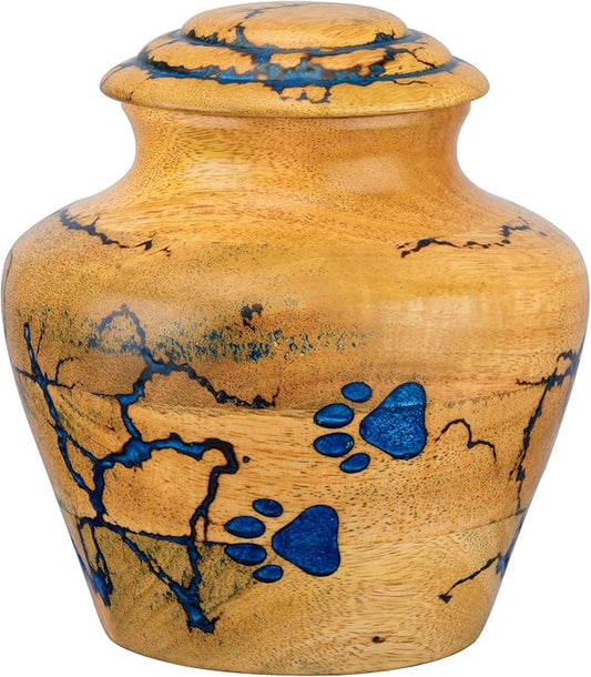 INTAJ Wooden Pet Urns for Dogs/Cats Ashes - Blue Resin Paws & Lichtenburg Design - Keepsake Cremation Urn Box, Pet Memorial Wooden Urns for Ashes, Small to Large Sizes (Classic, Medium)