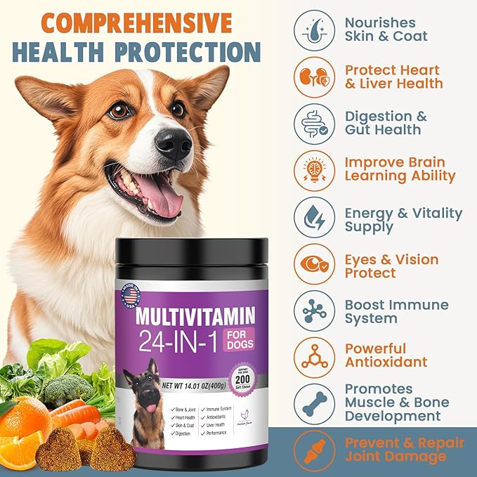 24-in-1 Dog Vitamins and Supplements 200 Ct Dogs Multivitamin Chewable Contain Chondroitin Probiotics Omega-3 Glucosamine for Dogs Skin Coat Heart Joint Gut Liver Brain Eyes Immune Support - Chicken