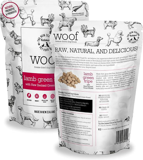 WOOF Lamb Green Tripe Freeze Dried Raw Dog Treats with Added New Zealand Green Mussel - High Protein, Natural, Limited Ingredient Topper or Treat 1.76 oz