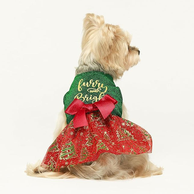 Fitwarm Sparkly Dog Christmas Outfit, Tulle Dress, Winter Clothes for Small Dogs, Christmas Tree Outfit, Red, Green, Golden, XS