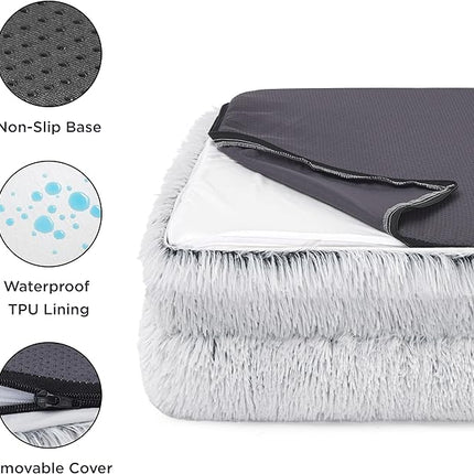 Bedsure Orthopedic Dog Bed Medium Size Dogs - Washable Medium Dog Cat Bed Waterproof, Comfort Pet Couch Sofa with Washable Removable Cover, Pets Bed with Nonskid Bottom, Long Faux Fur-Misty Grey, 28"