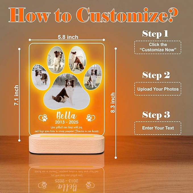 Personalized Pet Memorial Gifts, Dog Memorial Gifts for Loss of Dog, Pet Loss Gifts in Memory of Dog Night Lights, Custom Dog Memorial Plaque, Cat Memorial Photo Frame, Pet Sympathy Gifts