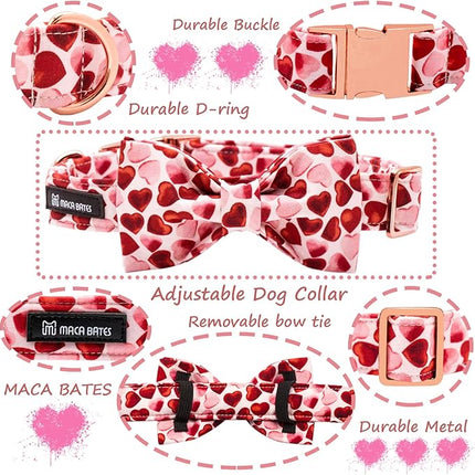 Maca Bates Valentine's Day Dog Collar with Fancy Bow for Extra Small Girl Boy Dogs,Red Love Hearts Pattern,Adjustable Durable Soft Valentine Gift for Female Male Puppy