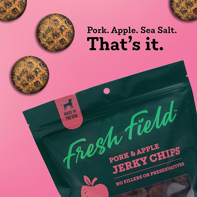 Fresh Field Pork & Apple Jerky Chips, 5 oz – All-Natural Dog Treats, USA Made, No Fillers, Supports Digestion & Nerves