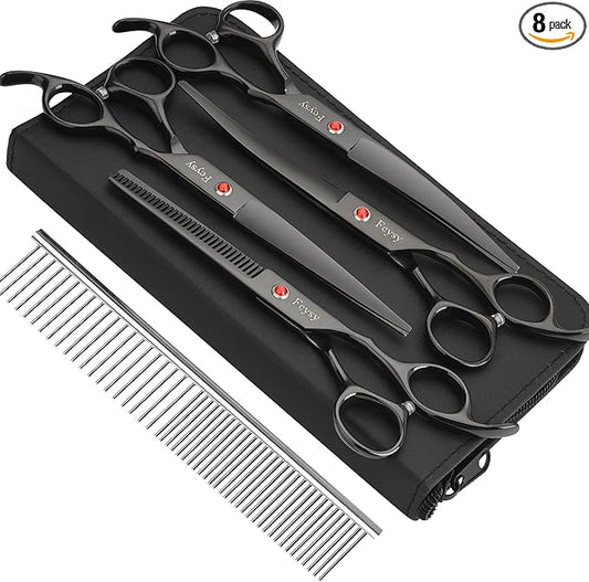 Dog Grooming Scissors Kit, Fcysy Professional Pet Hair Cutting Shears Set with Curved & Straight Blades Scissors Thinning Shears– Stainless Steel Grooming Tools for Dogs & Cats at Home
