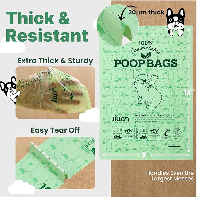 JIWON 100% Certified Home Compostable Dog Poop Bags, 240 Count (16 Rolls), 9"x13", OK Compost & Seedling, Thick & Leakproof, Plant Based Compostable Waste Bags, Unscented