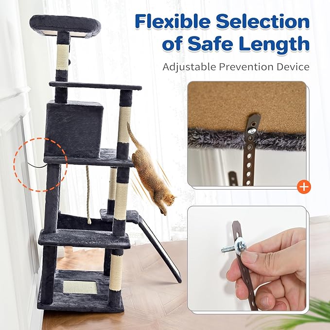 Cat Tree Tower 63in Multi-Level Cat Tower for Indoor Cats with Sisal Scratching Posts, Condo, Hammock, Dangling Ball and Extended Platform for Cats to Play, Dark Grey