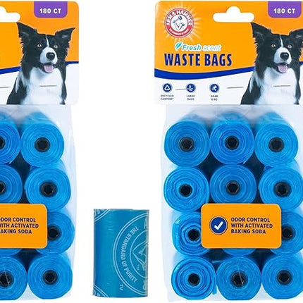 Arm & Hammer Durable Disposable Dog And Cat Waste Bags With Activated Baking Soda, 180 Dog Poop Bags, 9 x 14 Inches, Blue (Pack of 2)