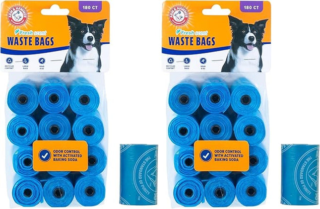 Arm & Hammer Durable Disposable Dog And Cat Waste Bags With Activated Baking Soda, 180 Dog Poop Bags, 9 x 14 Inches, Blue (Pack of 2)